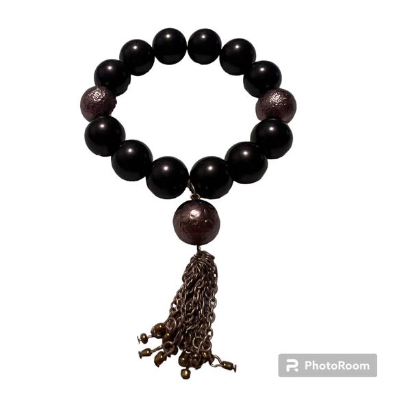 Plum Beads Elastic Bracelet Copper Tone Chain Tassel Accent - Picture 1 of 7